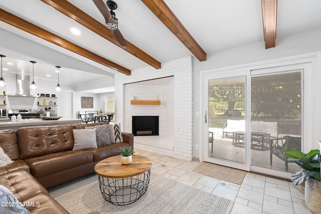 living room featuring a fireplace and beam ceiling