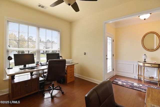 198 Knollwood Ct, Okatie, SC 29909 - office with wood finished floors, a ceiling fan, a wainscoted wall, and baseboards