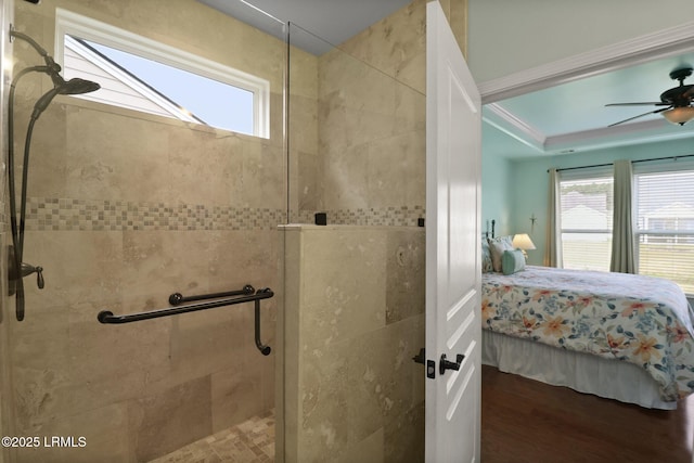 198 Knollwood Ct, Okatie, SC 29909 - full bathroom featuring ensuite bathroom, a shower stall, a ceiling fan, and wood finished floors