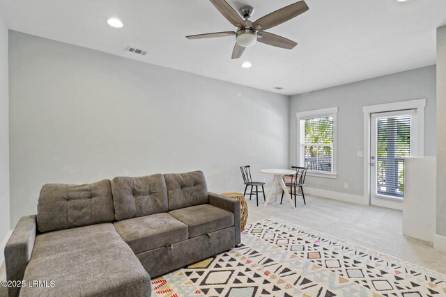 397 Hampton Lake Dr, Bluffton, SC 29910 - living area with light carpet, a ceiling fan, baseboards, and recessed lighting