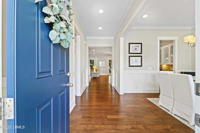 397 Hampton Lake Dr, Bluffton, SC 29910 - entrance foyer featuring crown molding, wood finished floors, wainscoting, recessed lighting, and a decorative wall