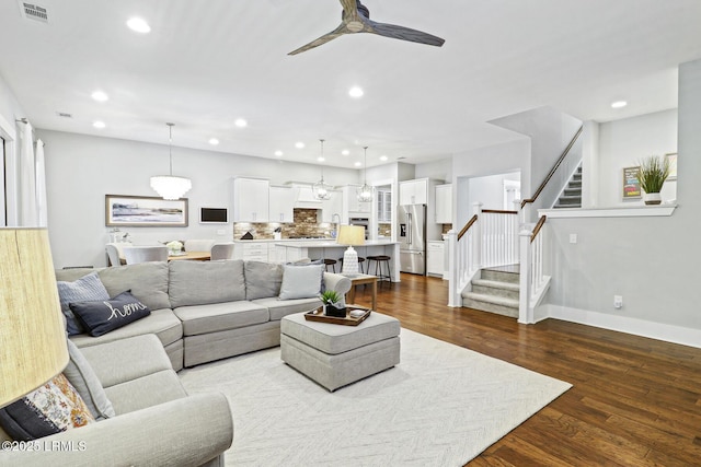 397 Hampton Lake Dr, Bluffton, SC 29910 - living room with stairway, a ceiling fan, dark wood-type flooring, recessed lighting, and baseboards