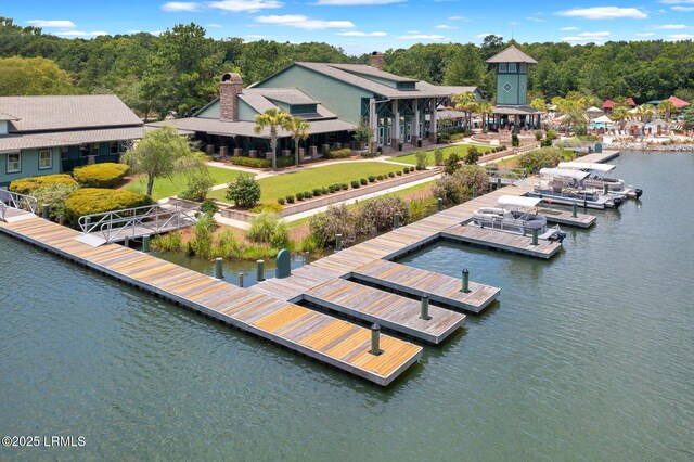 397 Hampton Lake Dr, Bluffton, SC 29910 - dock area with a water view and a lawn