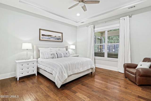 397 Hampton Lake Dr, Bluffton, SC 29910 - bedroom with baseboards, dark wood-style floors, a raised ceiling, recessed lighting, and ceiling fan