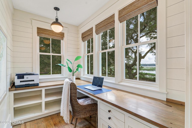 24 Carrier Blf, Bluffton, SC 29909 - office featuring plenty of natural light, light wood-style floors, wood walls, and built in study area