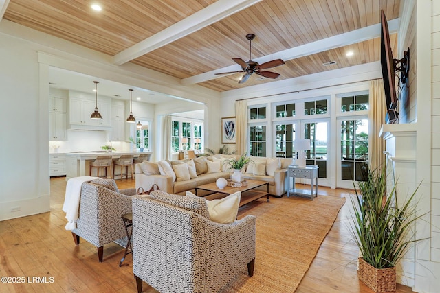 24 Carrier Blf, Bluffton, SC 29909 - living room featuring a ceiling fan, light wood-style flooring, a wooden ceiling with exposed beams, recessed lighting, and french doors