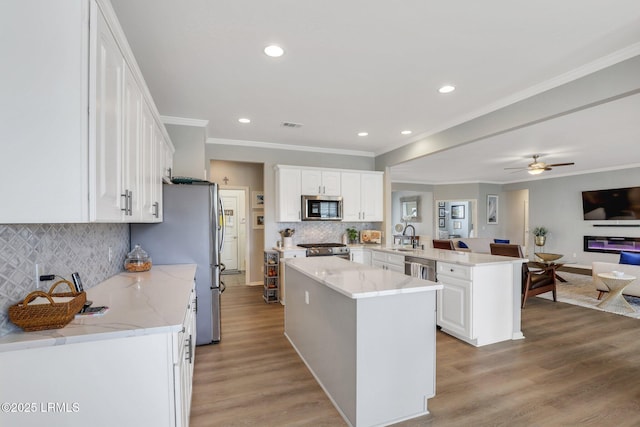 kitchen with a peninsula, white cabinets, open floor plan, and stainless steel appliances