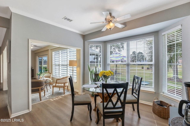 dining space featuring ornamental molding, wood finished floors, visible vents, and ceiling fan