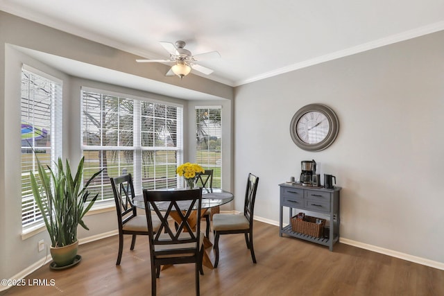 dining room with baseboards, plenty of natural light, wood finished floors, and ornamental molding