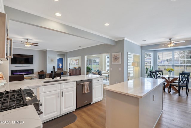 kitchen with dishwasher, ceiling fan, open floor plan, and a sink