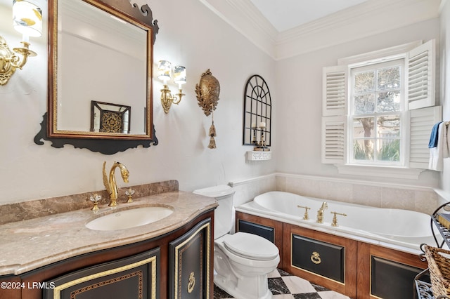 bathroom with crown molding, a washtub, vanity, and toilet