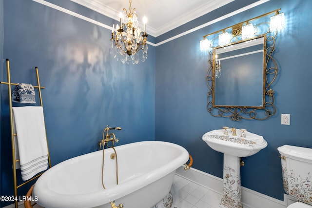 bathroom with toilet, an inviting chandelier, ornamental molding, a bathing tub, and tile patterned flooring