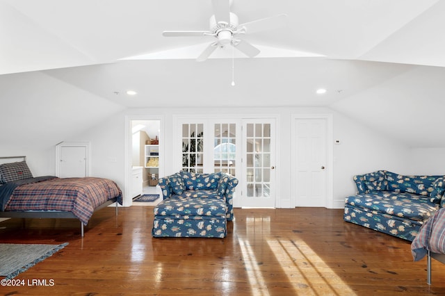 bedroom featuring vaulted ceiling, dark hardwood / wood-style floors, ceiling fan, and french doors