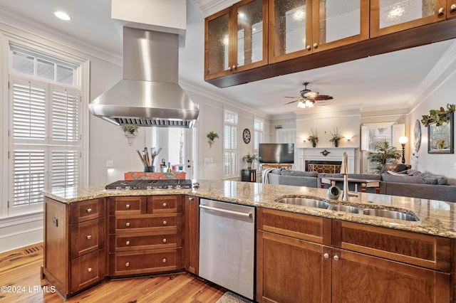 kitchen featuring appliances with stainless steel finishes, sink, island range hood, and light stone counters