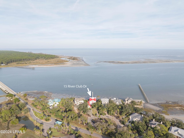 bird's eye view with a water view