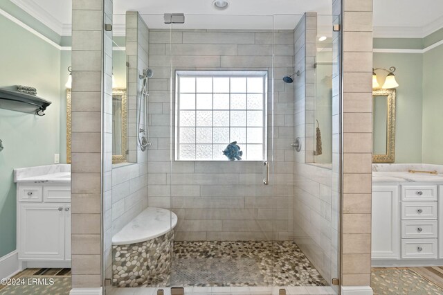 bathroom featuring crown molding, vanity, and walk in shower