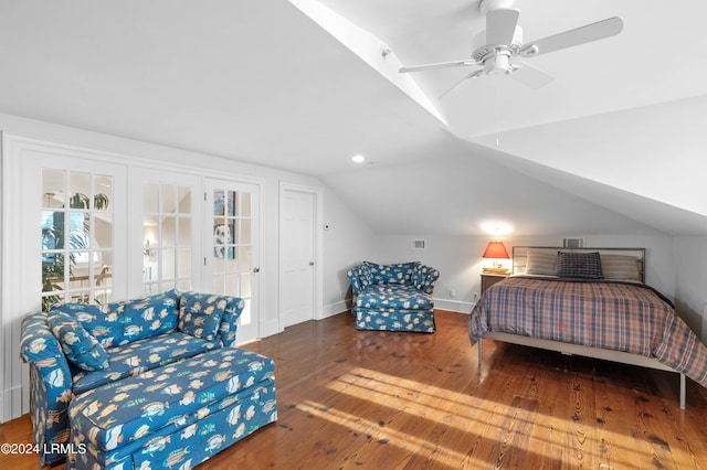 bedroom featuring wood-type flooring, lofted ceiling, ceiling fan, and french doors