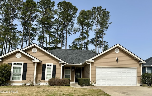 ranch-style home featuring driveway, a front lawn, a garage, and roof with shingles