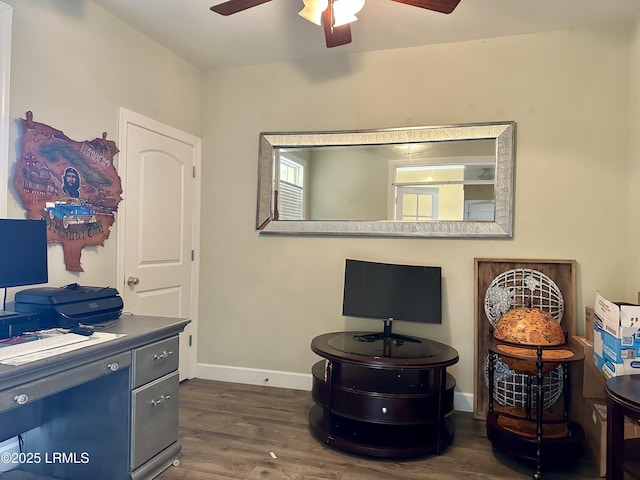 interior space with ceiling fan, baseboards, and dark wood-style flooring