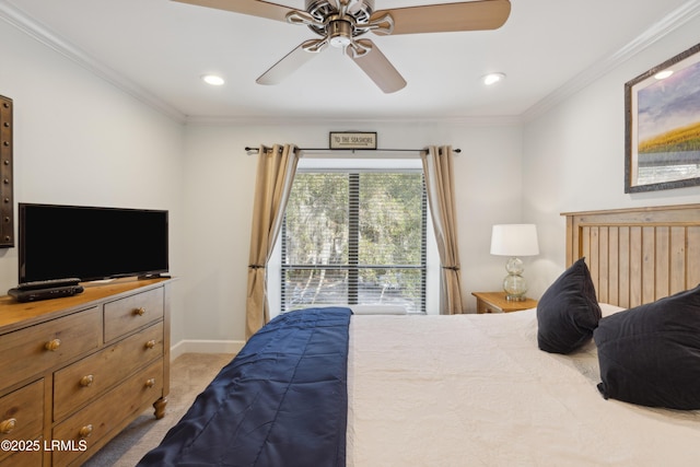 bedroom featuring crown molding, light carpet, and ceiling fan