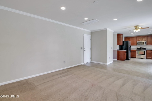 7 Harbison Pl, Beaufort, SC 29906 - unfurnished living room with recessed lighting, ornamental molding, ceiling fan, and light carpet