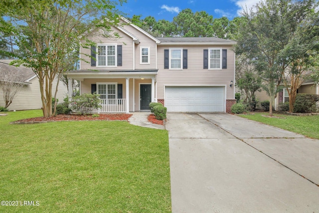 7 Harbison Pl, Beaufort, SC 29906 - traditional-style house with a porch, an attached garage, concrete driveway, and a front lawn