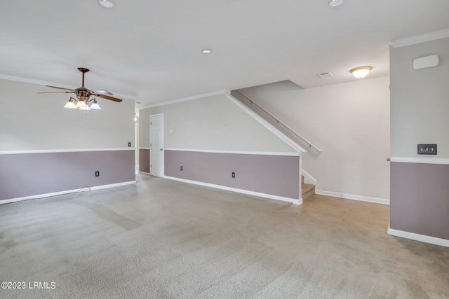 7 Harbison Pl, Beaufort, SC 29906 - unfurnished living room featuring crown molding, carpet, a ceiling fan, stairway, and recessed lighting