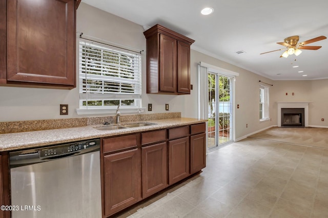 7 Harbison Pl, Beaufort, SC 29906 - kitchen featuring dishwasher, ceiling fan, a fireplace, light countertops, and open floor plan