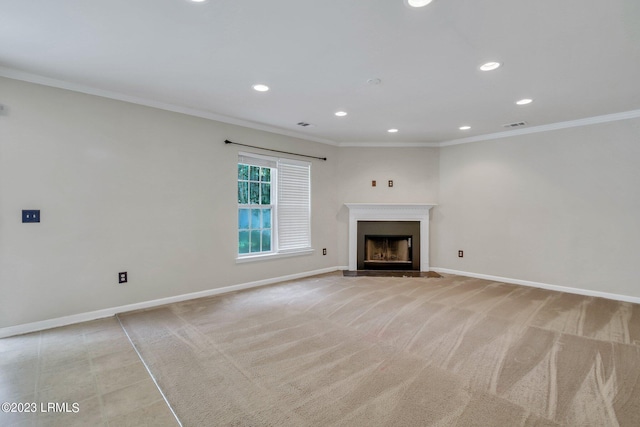 7 Harbison Pl, Beaufort, SC 29906 - unfurnished living room with crown molding, recessed lighting, a fireplace, and light colored carpet