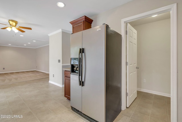 7 Harbison Pl, Beaufort, SC 29906 - kitchen with fridge with ice dispenser, ceiling fan, recessed lighting, brown cabinetry, and ornamental molding