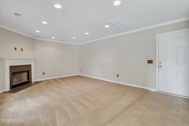 7 Harbison Pl, Beaufort, SC 29906 - unfurnished living room with recessed lighting, ornamental molding, a fireplace with flush hearth, and light carpet