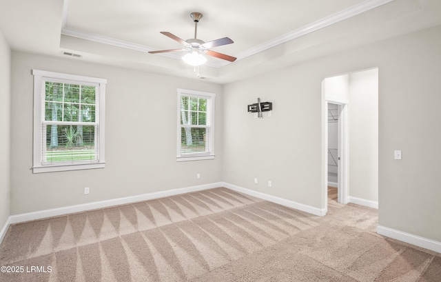 28 Laughing Gull Dr, Beaufort, SC 29907 - unfurnished room with crown molding, carpet flooring, ceiling fan, a tray ceiling, and baseboards