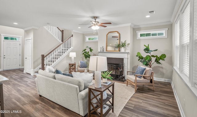 28 Laughing Gull Dr, Beaufort, SC 29907 - living room with baseboards, stairs, dark wood-style flooring, a ceiling fan, and recessed lighting