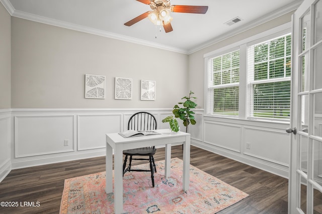 28 Laughing Gull Dr, Beaufort, SC 29907 - office featuring crown molding, dark wood-style flooring, a ceiling fan, a decorative wall, and wainscoting