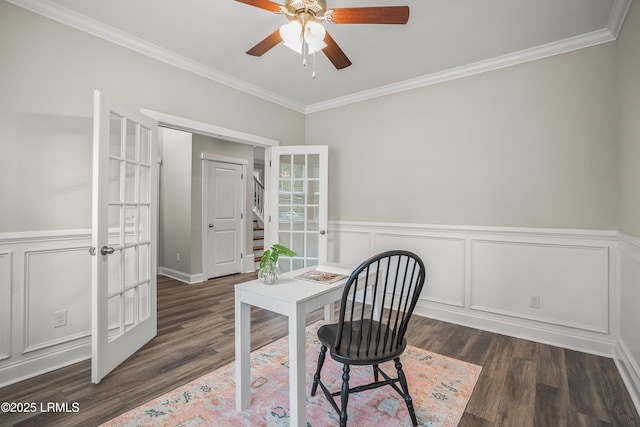 28 Laughing Gull Dr, Beaufort, SC 29907 - office space with crown molding, french doors, a ceiling fan, dark wood finished floors, and a wainscoted wall