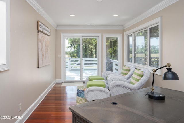 6 River Marsh Ln, Okatie, SC 29909 - living area with dark wood-style floors, baseboards, crown molding, and recessed lighting