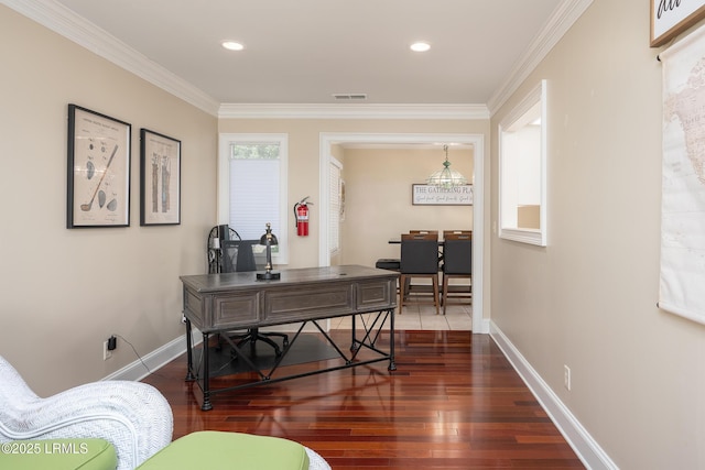 6 River Marsh Ln, Okatie, SC 29909 - office space with dark wood finished floors, crown molding, baseboards, and recessed lighting