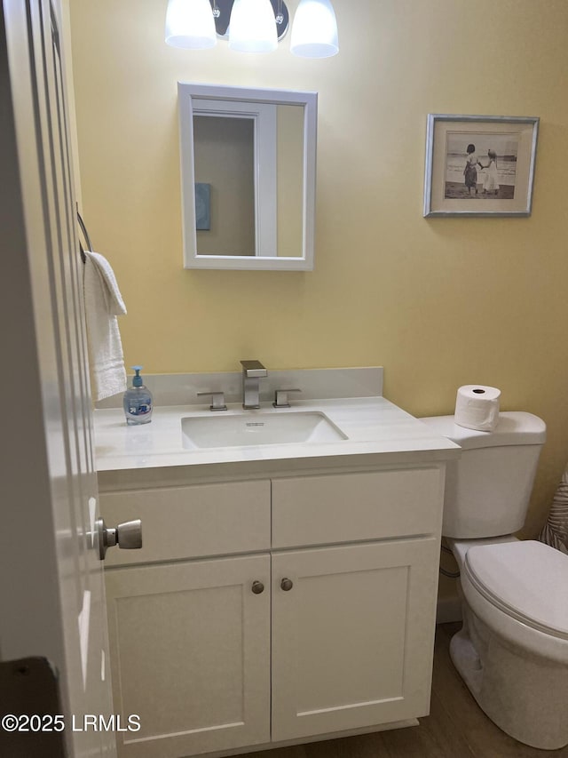 bathroom with vanity, hardwood / wood-style floors, and toilet