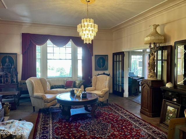 901 7th St W, Fairfax, SC 29827 - living room featuring an inviting chandelier and crown molding