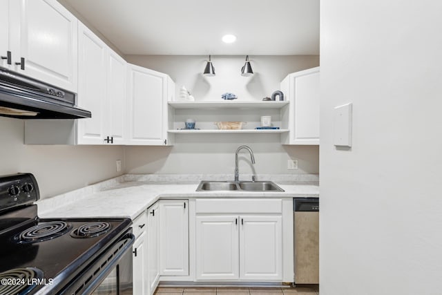 kitchen featuring sink, white cabinets, stainless steel dishwasher, light tile patterned floors, and black range with electric stovetop