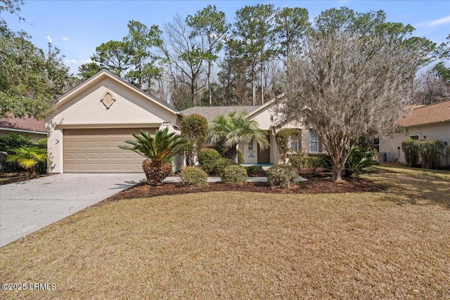 view of front of house featuring an attached garage, central AC, concrete driveway, stucco siding, and a front lawn