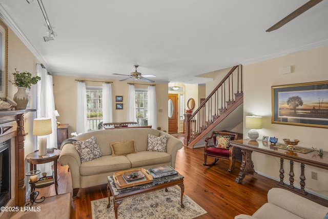 living area with stairs, ornamental molding, a fireplace, and hardwood / wood-style flooring