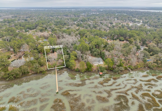 bird's eye view with a wooded view