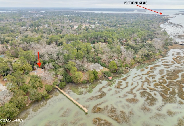 drone / aerial view with a view of trees and a water view