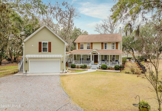 view of front of home with a front lawn, stairway, gravel driveway, covered porch, and a chimney