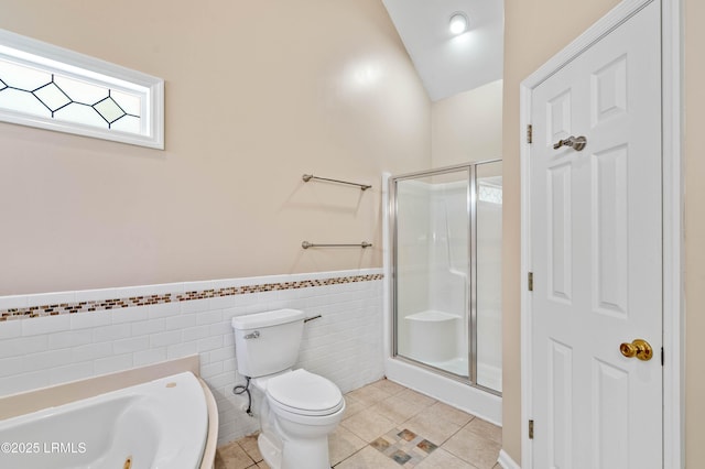 5 Susan Ct, Beaufort, SC 29907 - bathroom featuring a shower stall, wainscoting, tile patterned flooring, toilet, and a jetted tub