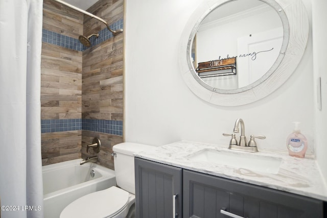 full bathroom featuring shower / bath combination with curtain, ornamental molding, vanity, and toilet