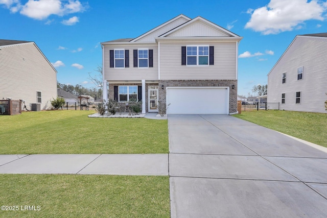 view of front of property with cooling unit, a garage, and a front lawn