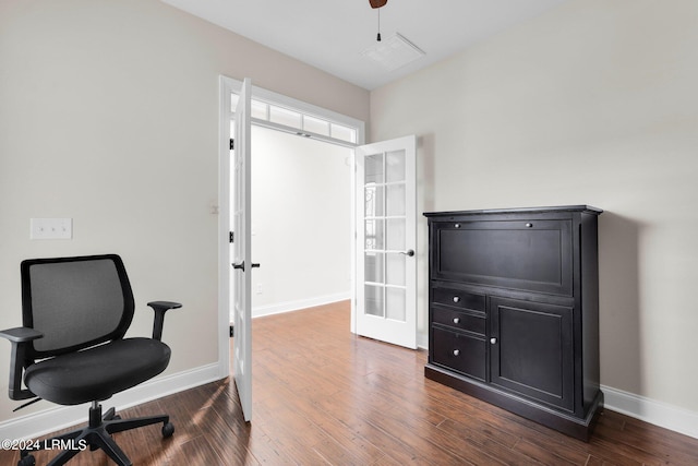 office space with dark wood-type flooring, french doors, and ceiling fan