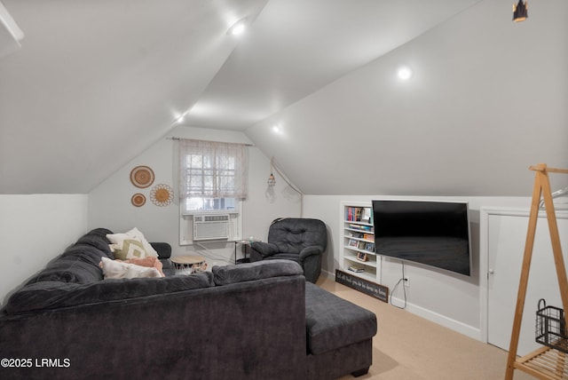 living room with built in shelves, vaulted ceiling, carpet, and cooling unit